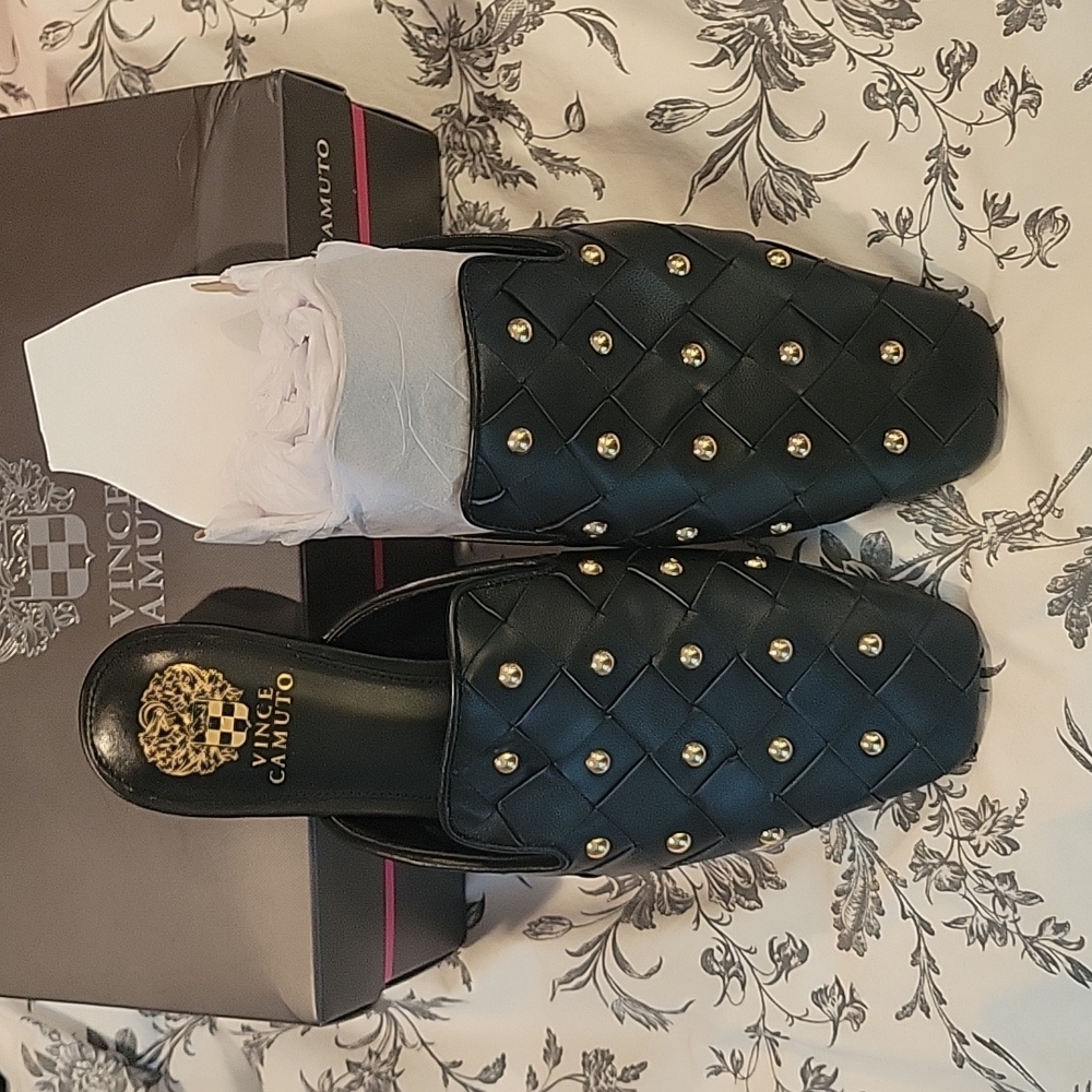 Vince Camuto Slides - Black, Gold accents, New